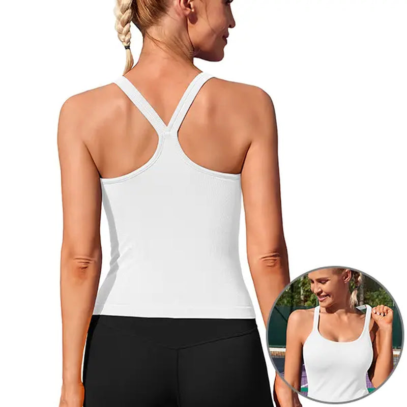 ATTRACO Women'S Workout Tank Top Built in Bra Ribbed Athletic Tank Spagthetti Strap Y Back Workout Top Scoop Neck