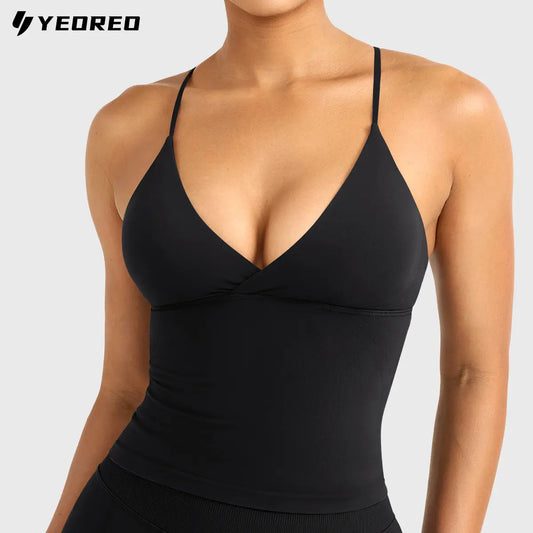 YEOREO Women's Halter Neck Longline Sports Bra with Built-In Padding and Backless Design - Soft Yoga Cami for Workout and Travel Essentials