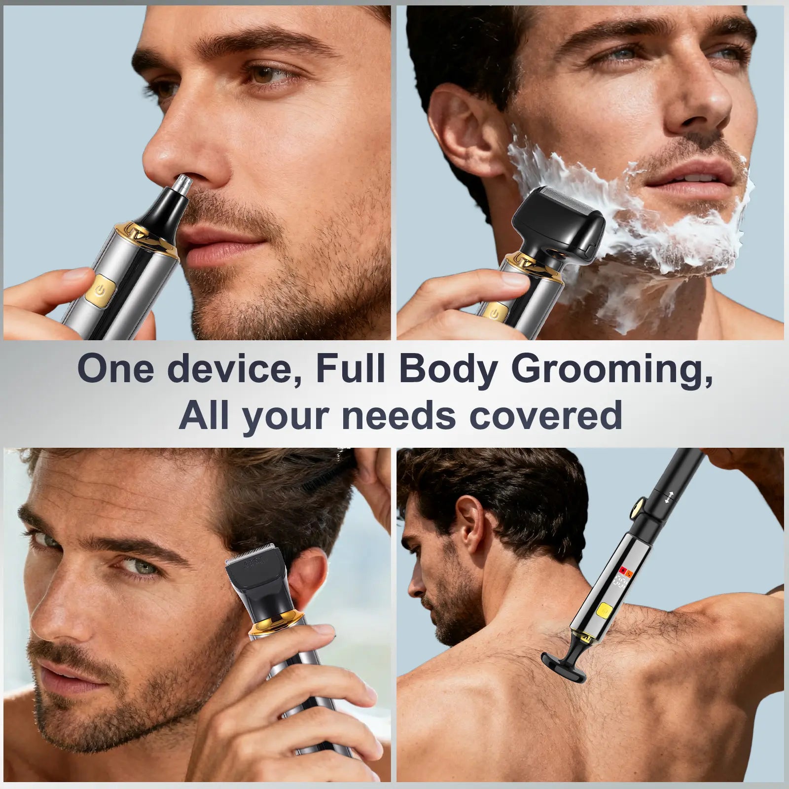 Hatteker Electric Mens Back Shaver Body Trimmer Hair Groomer 4 in 1 Kit with Extendable Auxiliary Arm Waterproof Facial,Chin,Arm,Back,Pubic Hair Trimmer Grooming Set