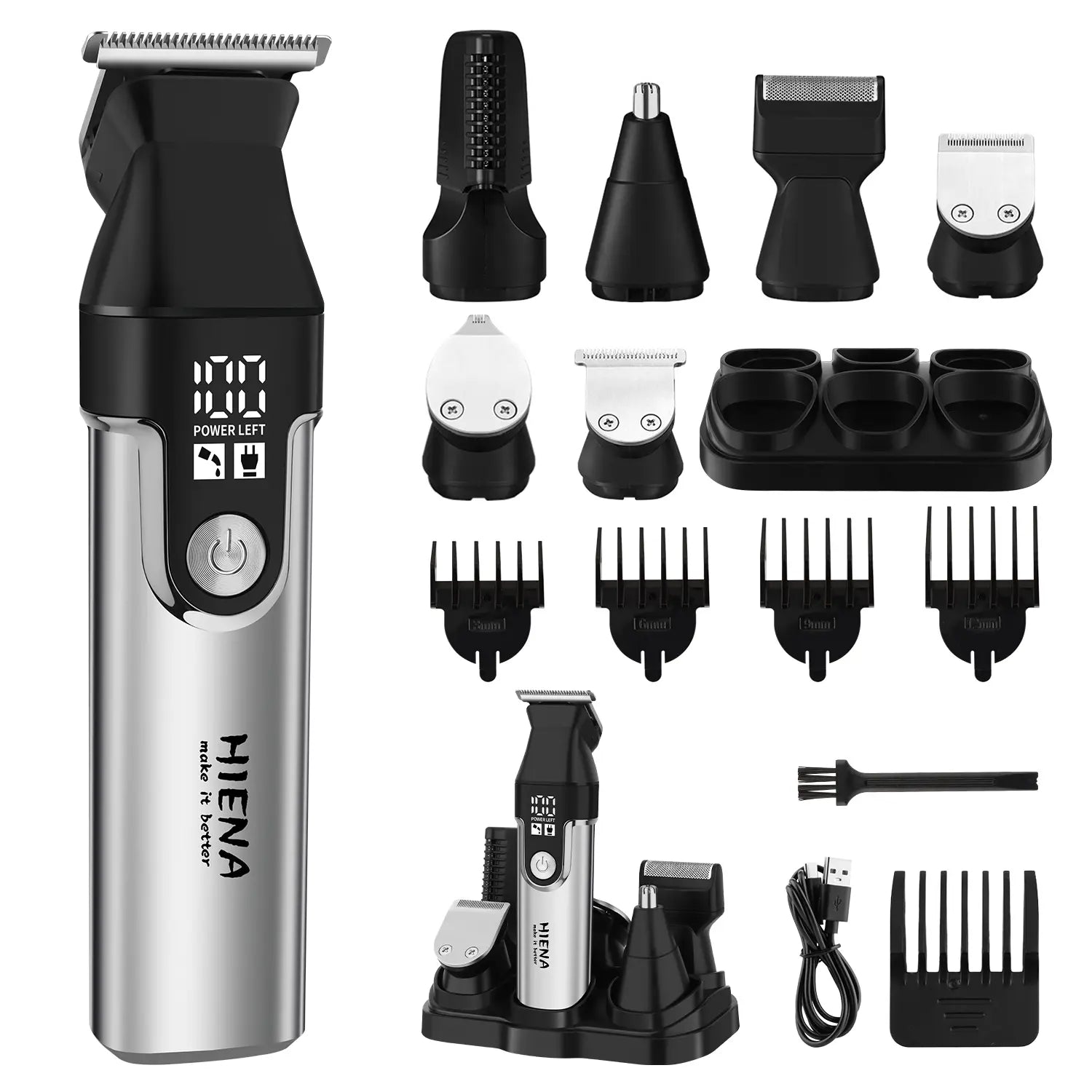 HIENA Series Multifunctional 11-Piece Beard and Hair Trimmer, Suitable for Face, Head, and Body, Self-Sharpening Metal Blades, Multiple Length Settings (3-6-9-12 Mm), Model HYN-T25