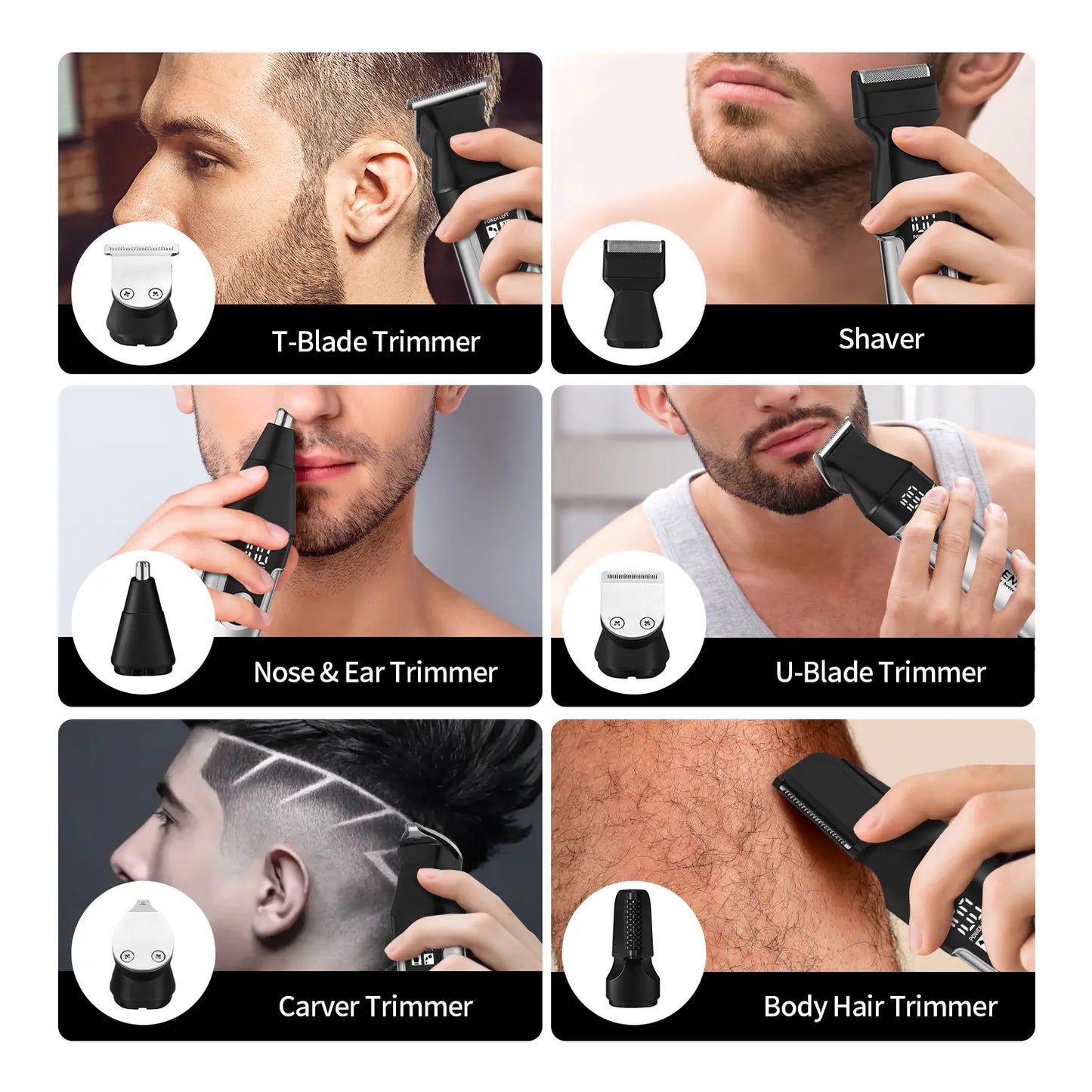 HIENA Series Multifunctional 11-Piece Beard and Hair Trimmer, Suitable for Face, Head, and Body, Self-Sharpening Metal Blades, Multiple Length Settings (3-6-9-12 Mm), Model HYN-T25