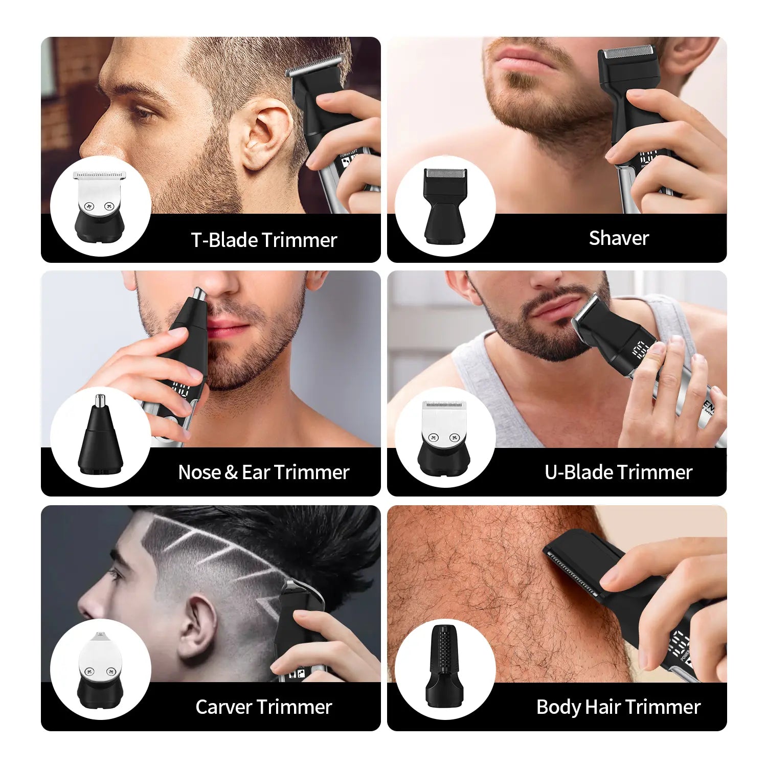 HIENA Series Multifunctional 11-Piece Beard and Hair Trimmer, Suitable for Face, Head, and Body, Self-Sharpening Metal Blades, Multiple Length Settings (3-6-9-12 Mm), Model HYN-T25