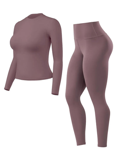 Women'S High-Waisted 25'' Inseam Sporty Leggings Set, Long Sleeve Top & Yoga Pants, Elastic Fabric Comfortable Workout Set, Yoga Gym Outfits, Ideal for Gym & Daily Wear, High Stretch Sporty, Yoga Clothes Set