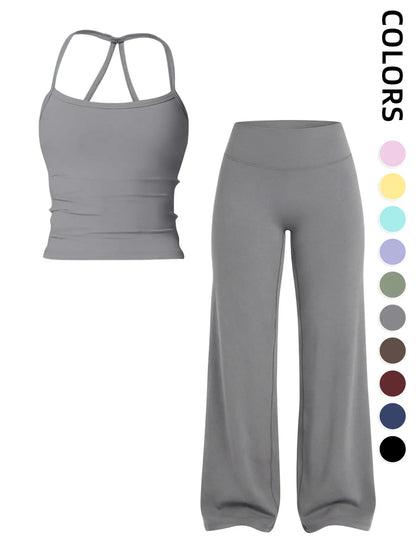 Women'S Sportswear Set, Matching Gym Set, Tank Top and Wide Leg Pants, Solid Color Yoga Straight Leg Pants, Comfortable Fashion Fitness Running, Gym Workout Sets