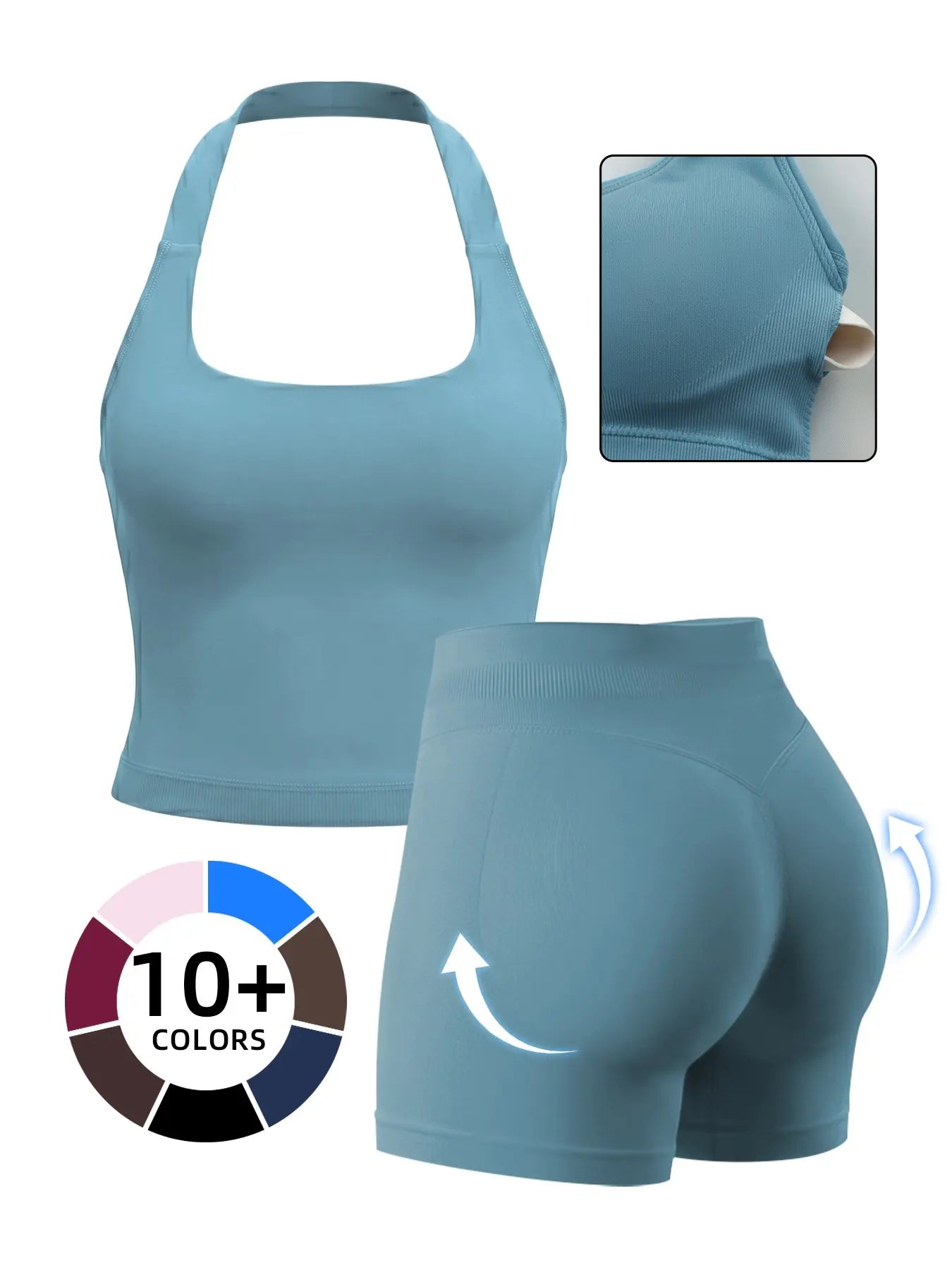 Women'S Yoga 2-Piece Set, Breathable Sporty Halter Top & High-Waisted Seamless Butt-Lift Shorts, Plain Color Athletic, Seamless Sportswear, Seamless Yoga Outfits