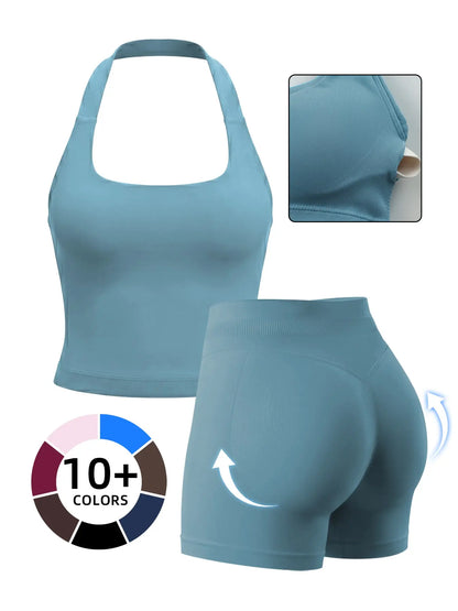 Women'S Yoga 2-Piece Set, Breathable Sporty Halter Top & High-Waisted Seamless Butt-Lift Shorts, Plain Color Athletic, Seamless Sportswear, Seamless Yoga Outfits