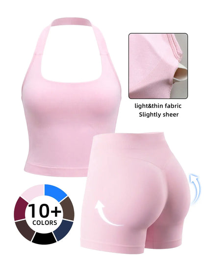 Women'S Yoga 2-Piece Set, Breathable Sporty Halter Top & High-Waisted Seamless Butt-Lift Shorts, Plain Color Athletic, Seamless Sportswear, Seamless Yoga Outfits