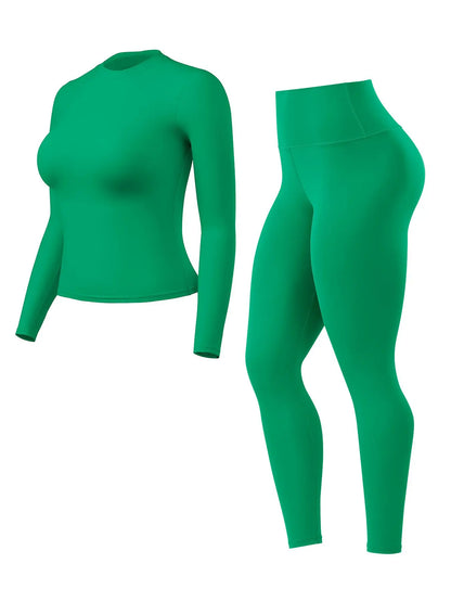 Women'S High-Waisted 25'' Inseam Sporty Leggings Set, Long Sleeve Top & Yoga Pants, Elastic Fabric Comfortable Workout Set, Yoga Gym Outfits, Ideal for Gym & Daily Wear, High Stretch Sporty, Yoga Clothes Set