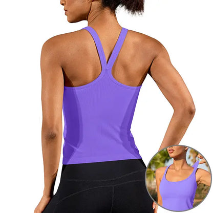 ATTRACO Women'S Workout Tank Top Built in Bra Ribbed Athletic Tank Spagthetti Strap Y Back Workout Top Scoop Neck