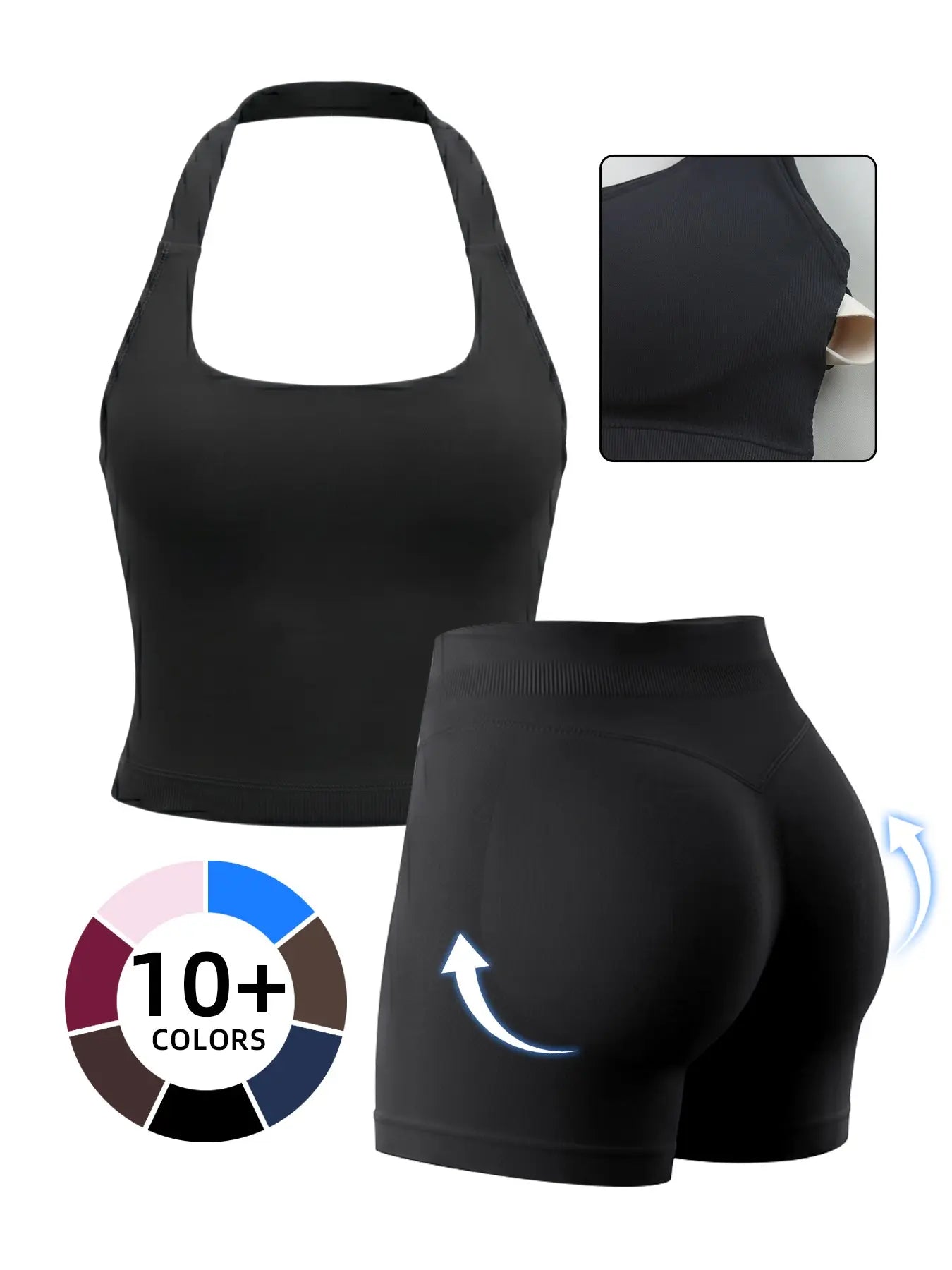 Women'S Yoga 2-Piece Set, Breathable Sporty Halter Top & High-Waisted Seamless Butt-Lift Shorts, Plain Color Athletic, Seamless Sportswear, Seamless Yoga Outfits