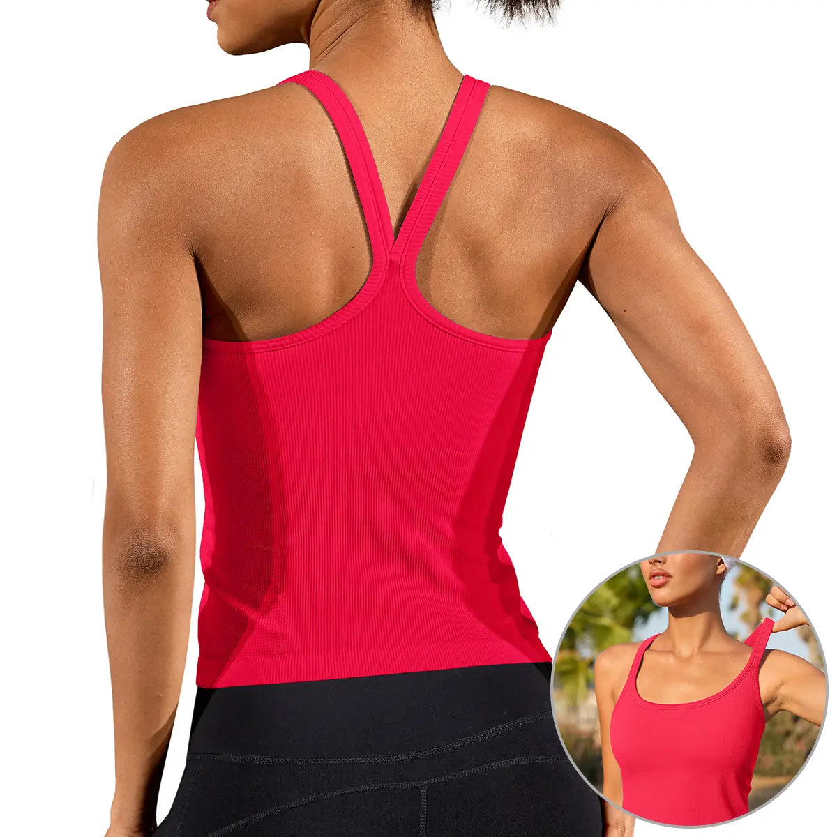 ATTRACO Women'S Workout Tank Top Built in Bra Ribbed Athletic Tank Spagthetti Strap Y Back Workout Top Scoop Neck