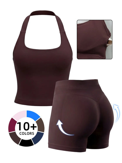 Women'S Yoga 2-Piece Set, Breathable Sporty Halter Top & High-Waisted Seamless Butt-Lift Shorts, Plain Color Athletic, Seamless Sportswear, Seamless Yoga Outfits