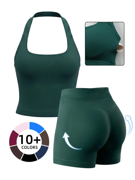 Women'S Yoga 2-Piece Set, Breathable Sporty Halter Top & High-Waisted Seamless Butt-Lift Shorts, Plain Color Athletic, Seamless Sportswear, Seamless Yoga Outfits