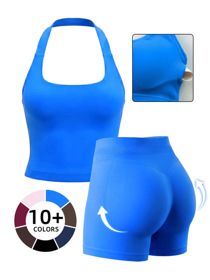 Women'S Yoga 2-Piece Set, Breathable Sporty Halter Top & High-Waisted Seamless Butt-Lift Shorts, Plain Color Athletic, Seamless Sportswear, Seamless Yoga Outfits