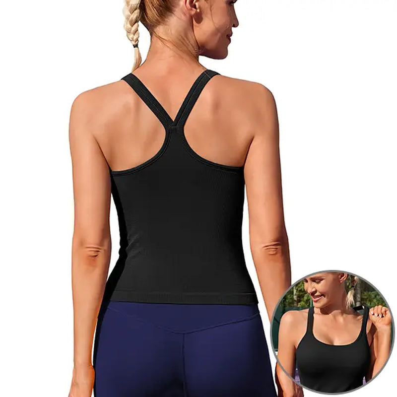 ATTRACO Women'S Workout Tank Top Built in Bra Ribbed Athletic Tank Spagthetti Strap Y Back Workout Top Scoop Neck