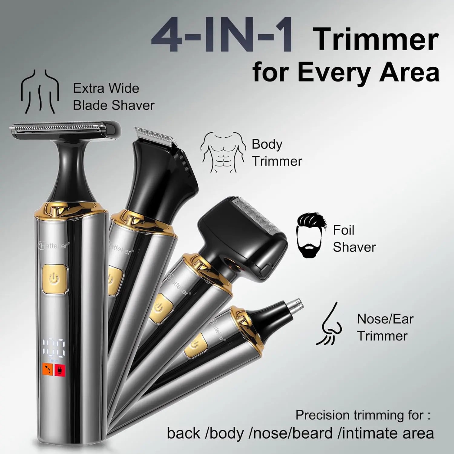 Hatteker Electric Mens Back Shaver Body Trimmer Hair Groomer 4 in 1 Kit with Extendable Auxiliary Arm Waterproof Facial,Chin,Arm,Back,Pubic Hair Trimmer Grooming Set
