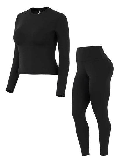 Women'S High-Waisted 25'' Inseam Sporty Leggings Set, Long Sleeve Top & Yoga Pants, Elastic Fabric Comfortable Workout Set, Yoga Gym Outfits, Ideal for Gym & Daily Wear, High Stretch Sporty, Yoga Clothes Set