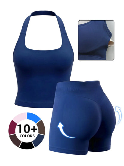 Women'S Yoga 2-Piece Set, Breathable Sporty Halter Top & High-Waisted Seamless Butt-Lift Shorts, Plain Color Athletic, Seamless Sportswear, Seamless Yoga Outfits