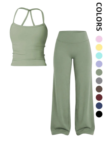 Women'S Sportswear Set, Matching Gym Set, Tank Top and Wide Leg Pants, Solid Color Yoga Straight Leg Pants, Comfortable Fashion Fitness Running, Gym Workout Sets