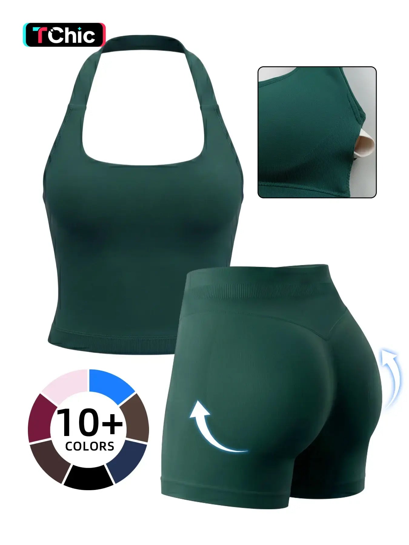 Women'S Yoga 2-Piece Set, Breathable Sporty Halter Top & High-Waisted Seamless Butt-Lift Shorts, Plain Color Athletic, Seamless Sportswear, Seamless Yoga Outfits