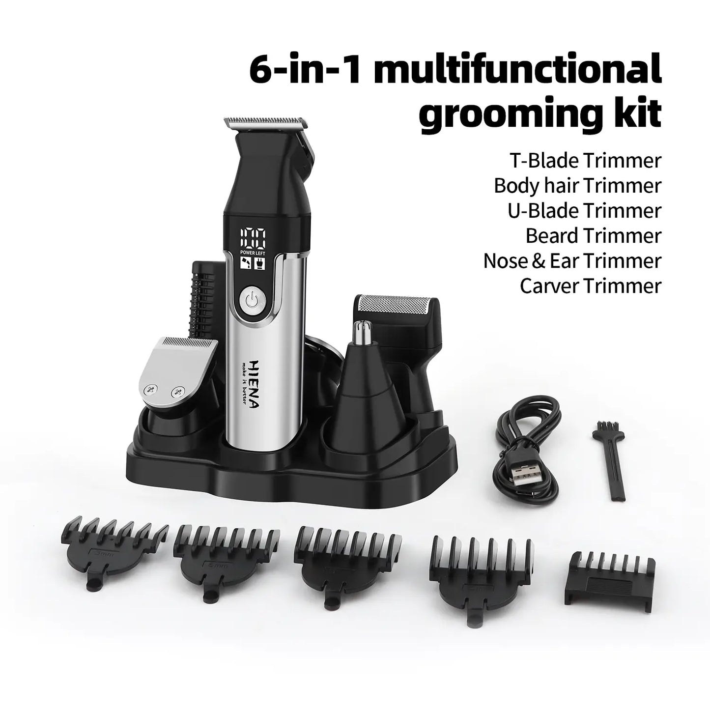 HIENA Series Multifunctional 11-Piece Beard and Hair Trimmer, Suitable for Face, Head, and Body, Self-Sharpening Metal Blades, Multiple Length Settings (3-6-9-12 Mm), Model HYN-T25