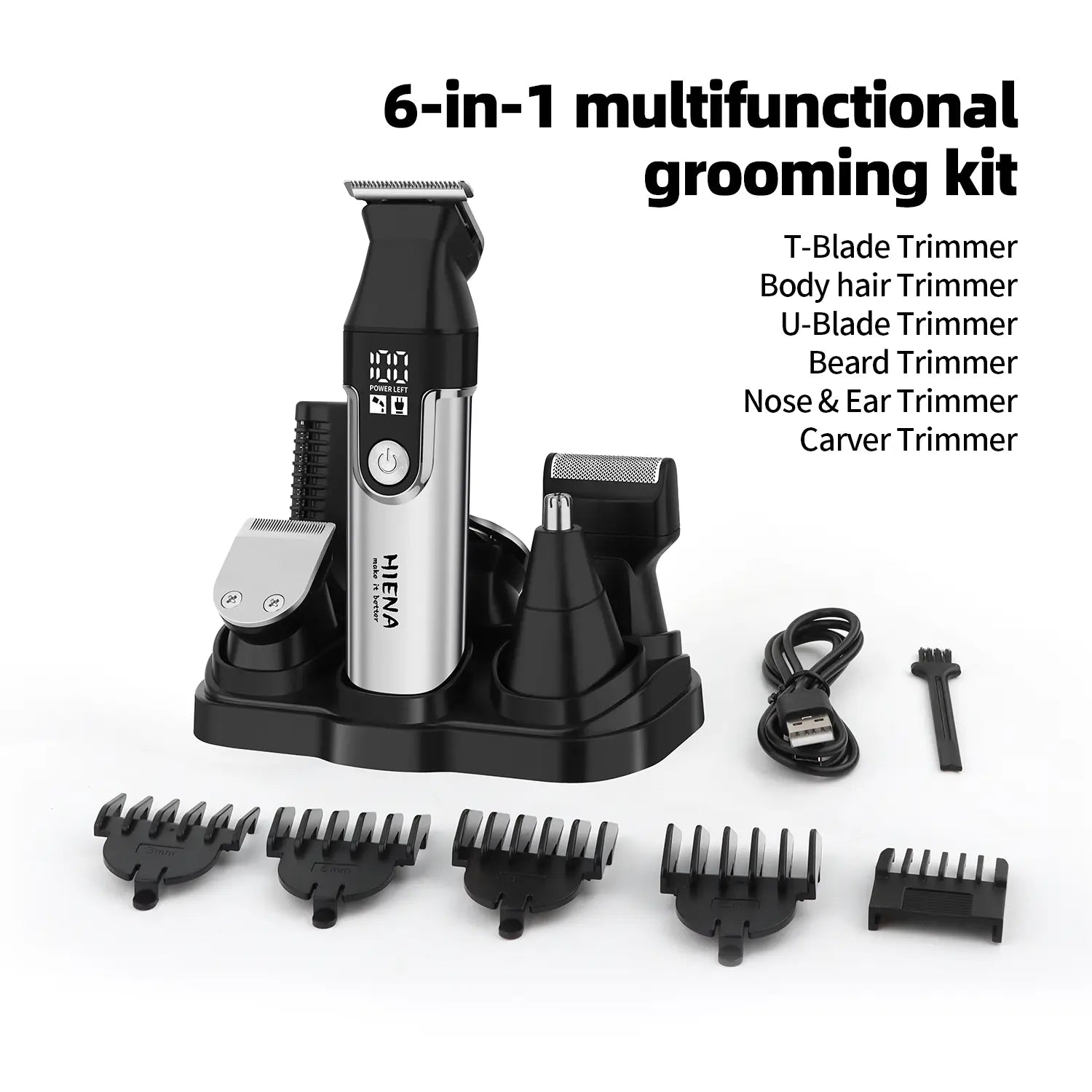HIENA Series Multifunctional 11-Piece Beard and Hair Trimmer, Suitable for Face, Head, and Body, Self-Sharpening Metal Blades, Multiple Length Settings (3-6-9-12 Mm), Model HYN-T25