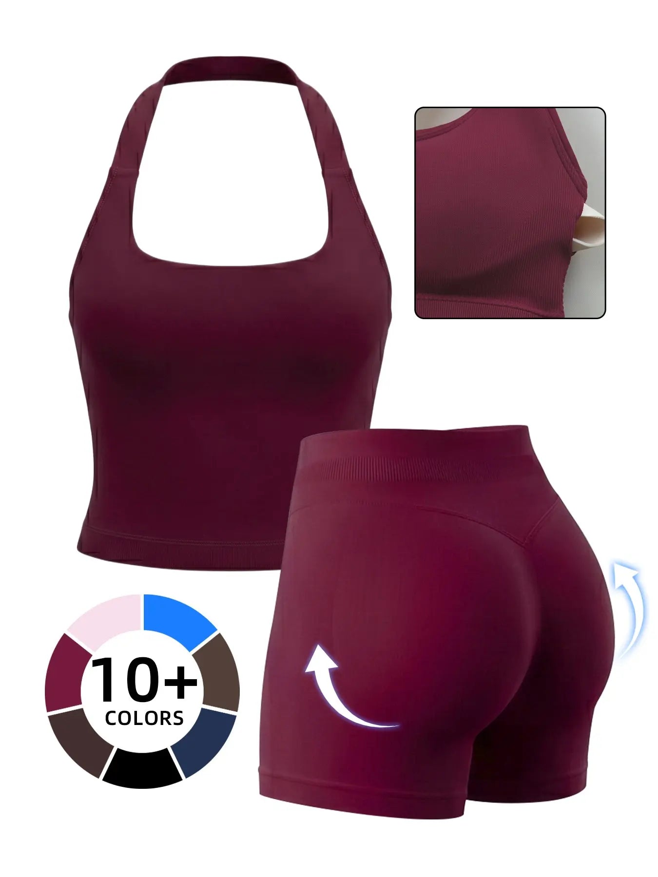Women'S Yoga 2-Piece Set, Breathable Sporty Halter Top & High-Waisted Seamless Butt-Lift Shorts, Plain Color Athletic, Seamless Sportswear, Seamless Yoga Outfits