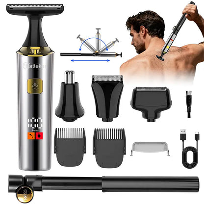 Hatteker Electric Mens Back Shaver Body Trimmer Hair Groomer 4 in 1 Kit with Extendable Auxiliary Arm Waterproof Facial,Chin,Arm,Back,Pubic Hair Trimmer Grooming Set