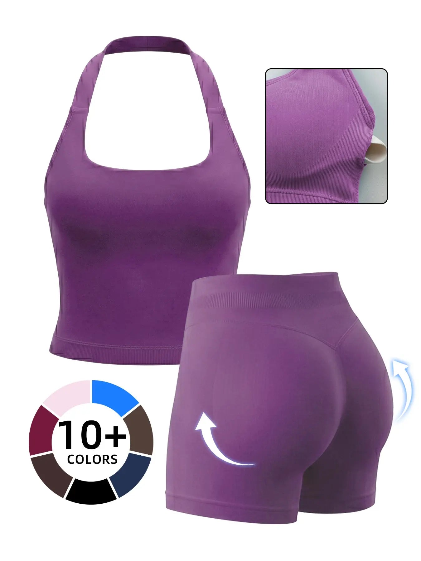 Women'S Yoga 2-Piece Set, Breathable Sporty Halter Top & High-Waisted Seamless Butt-Lift Shorts, Plain Color Athletic, Seamless Sportswear, Seamless Yoga Outfits
