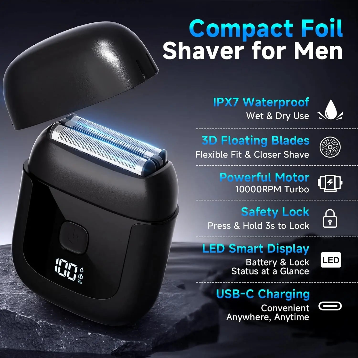 Electric Foil Shavers for Men: Mini Electric Razor with 3 Floating Blades, IPX7 Waterproof Foil Shaver, USB-C Rechargeable Shavers for Men with Travel Lock, Compact Grooming Gift for Home & Travel,Fathers Day Gift