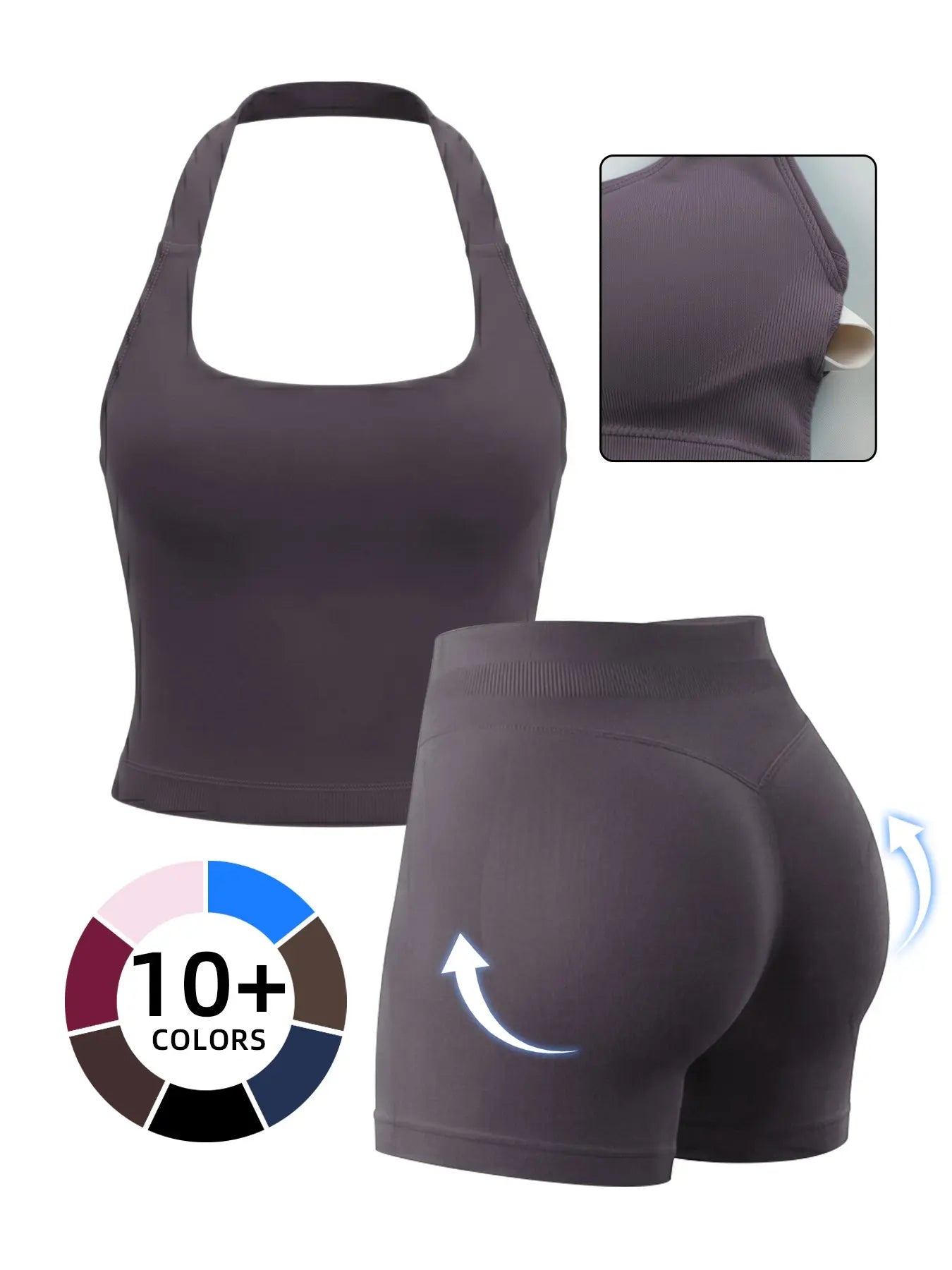 Women'S Yoga 2-Piece Set, Breathable Sporty Halter Top & High-Waisted Seamless Butt-Lift Shorts, Plain Color Athletic, Seamless Sportswear, Seamless Yoga Outfits