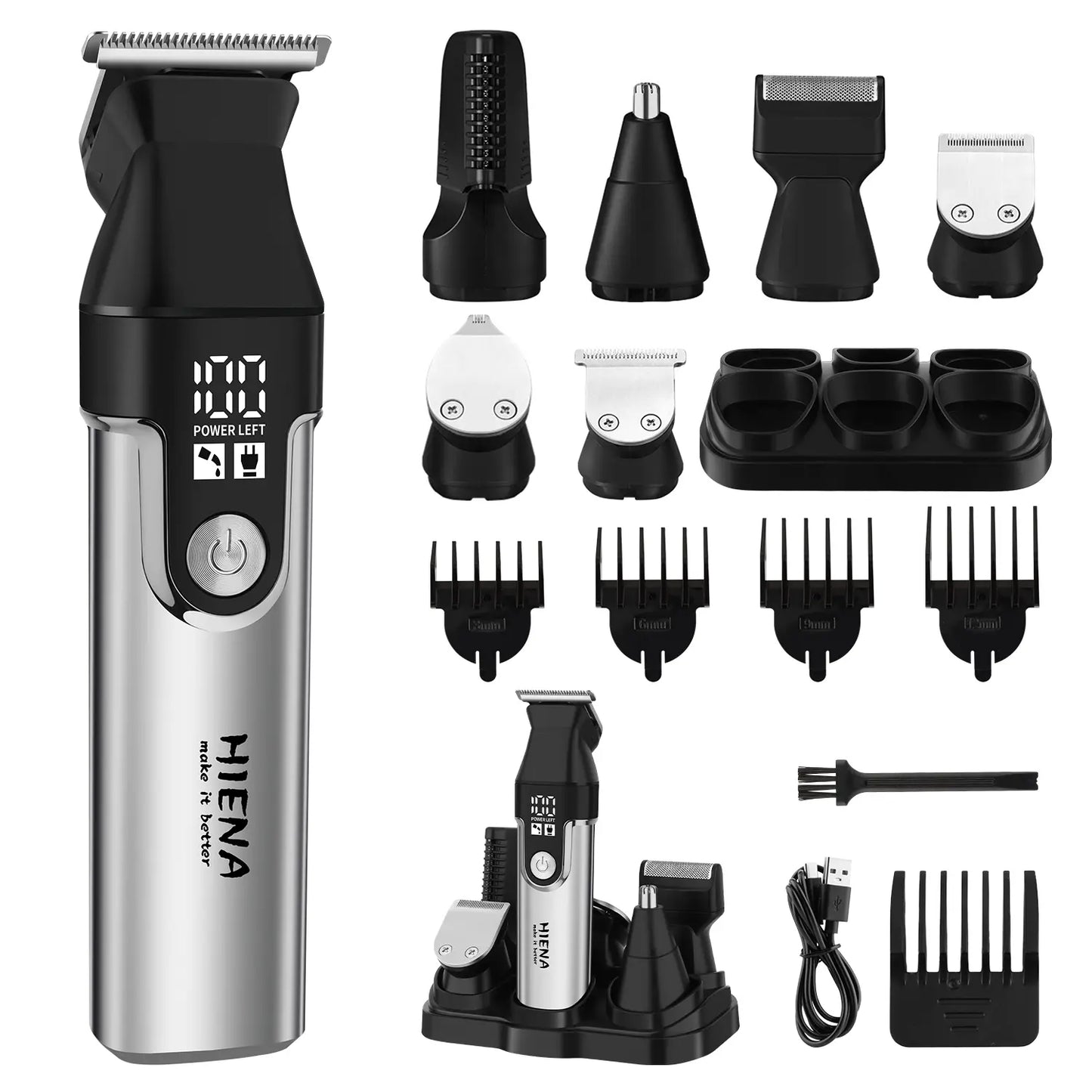 HIENA Series Multifunctional 11-Piece Beard and Hair Trimmer, Suitable for Face, Head, and Body, Self-Sharpening Metal Blades, Multiple Length Settings (3-6-9-12 Mm), Model HYN-T25
